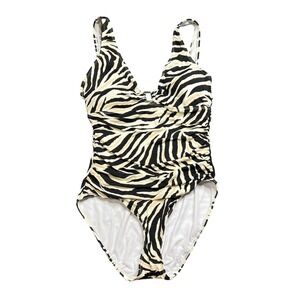 Lauren Ralph Lauren Sz 10 Zebra Ring One Piece Swimsuit Ruched V-Neck Gold Logo